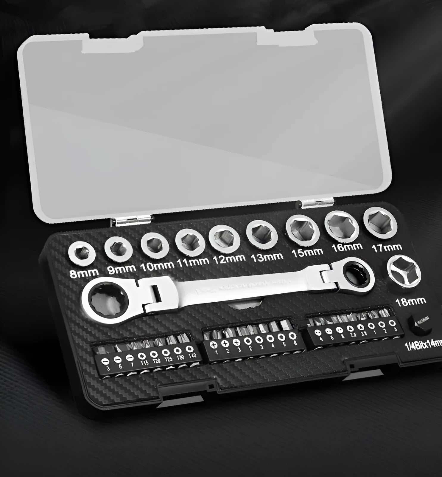 Dual-purpose ratchet wrench set with two-way mechanism, 10 sockets, and 3 batch heads on a workbench