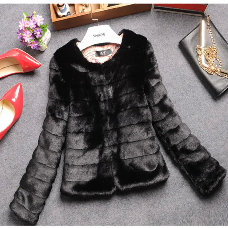 Women's short faux fur top in beige, shown with regular sleeves and a cropped hem.