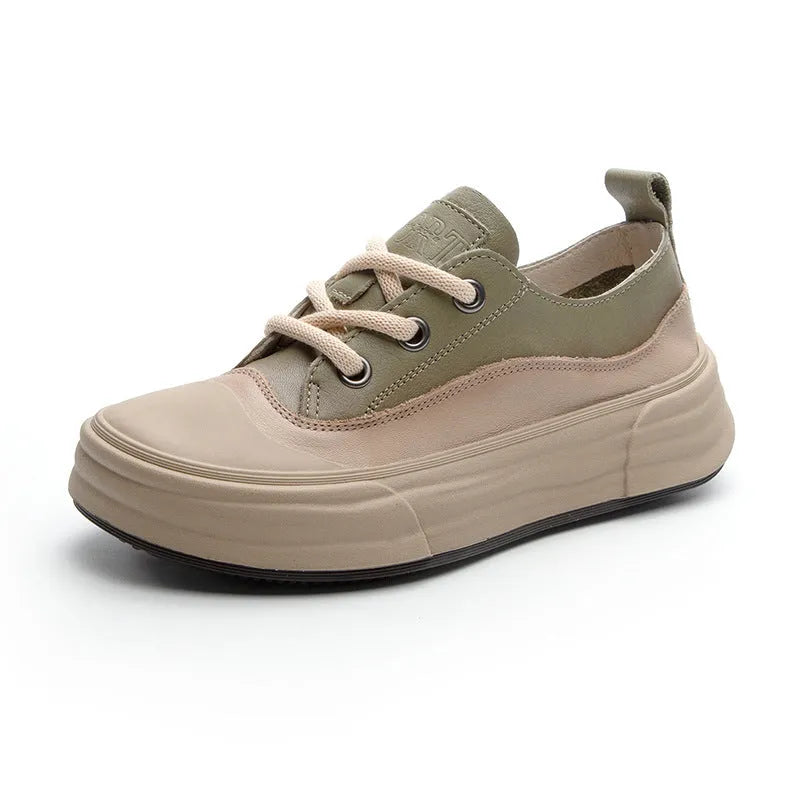 Women's genuine cowhide leather platform sneakers in matcha green, purple, and orange colours with lace-up front