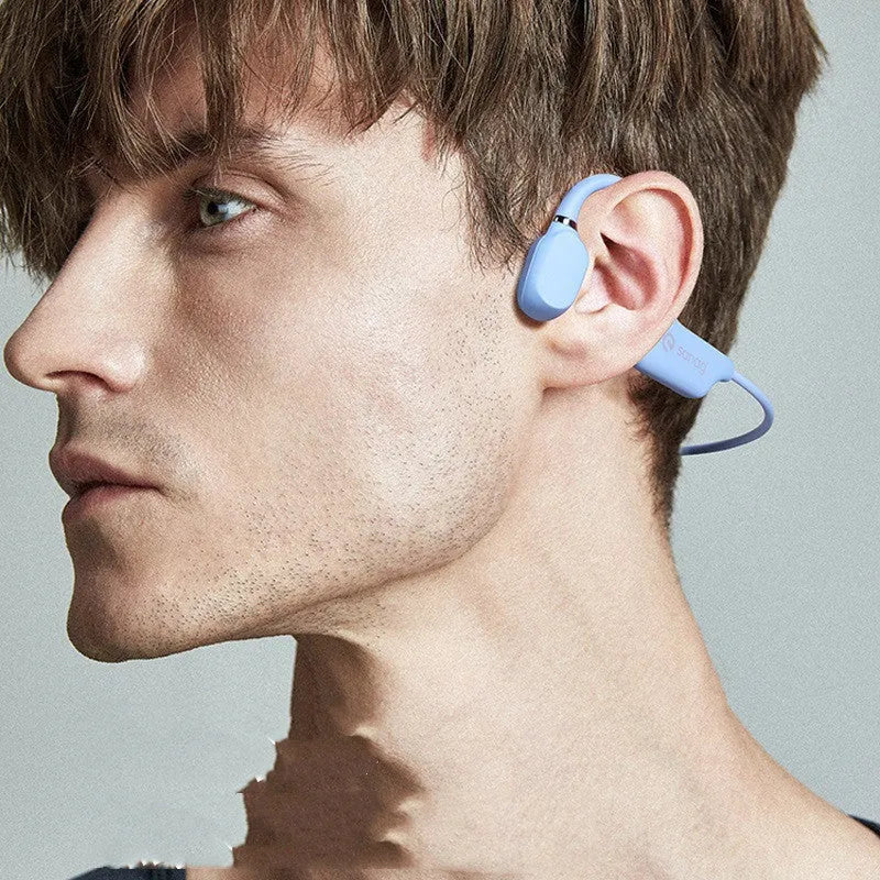 Bone conduction Bluetooth sports headset in hanging neck wireless design on a person running