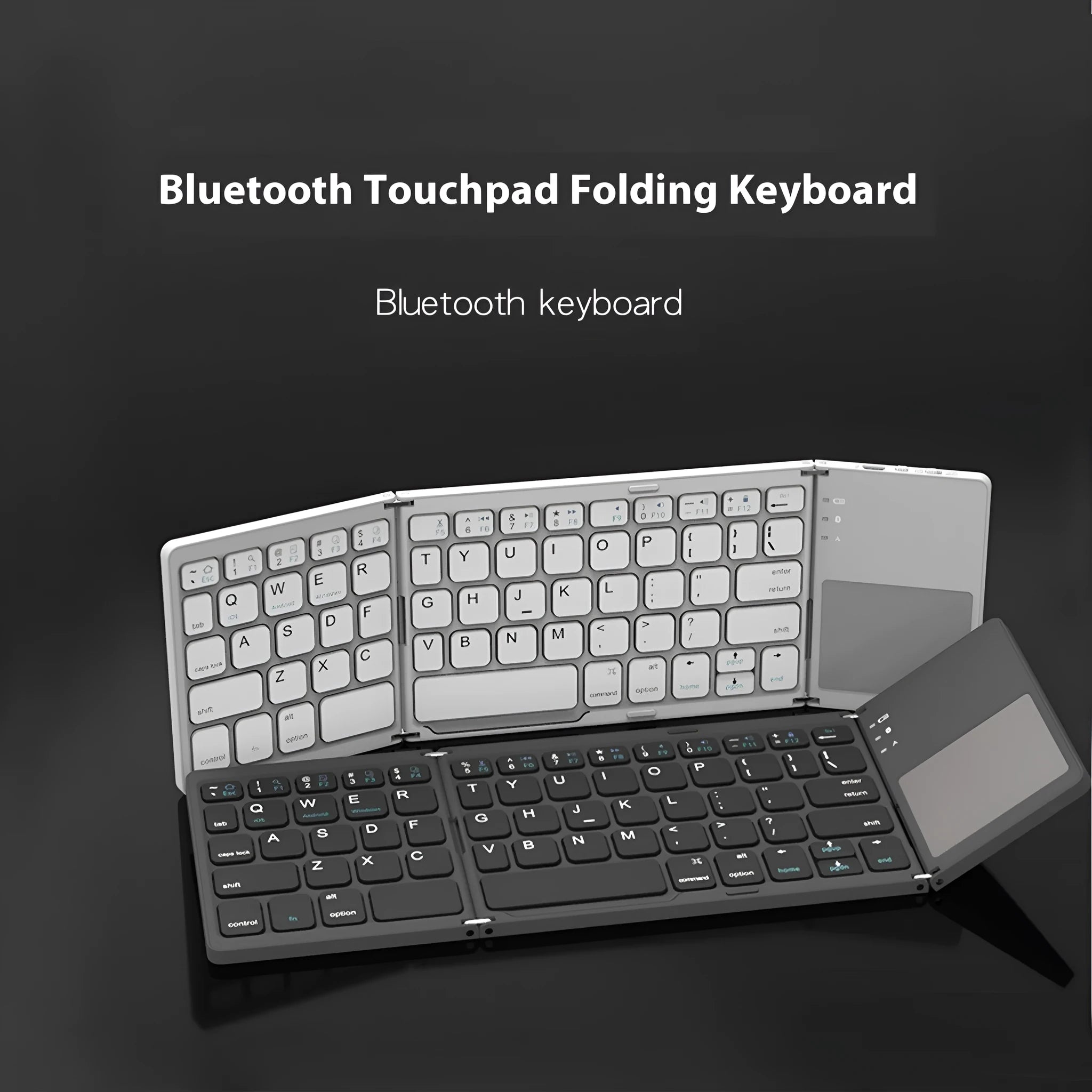 A closed black mini tri-fold Bluetooth keyboard showing its compact, slim 0.8cm profile.