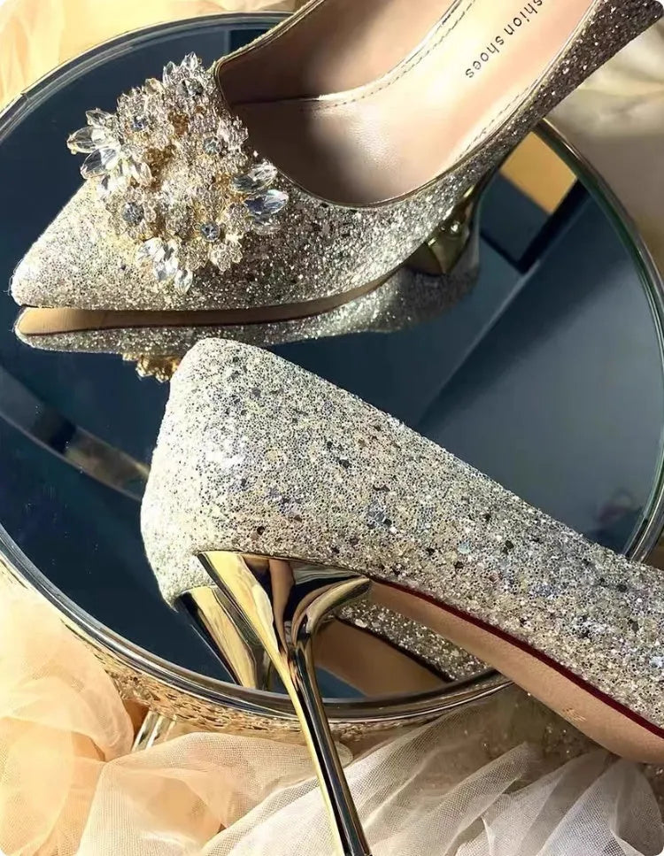 Champagne coloured pointed-toe wedding heels with rhinestone flower pattern, shown with different heel height options.