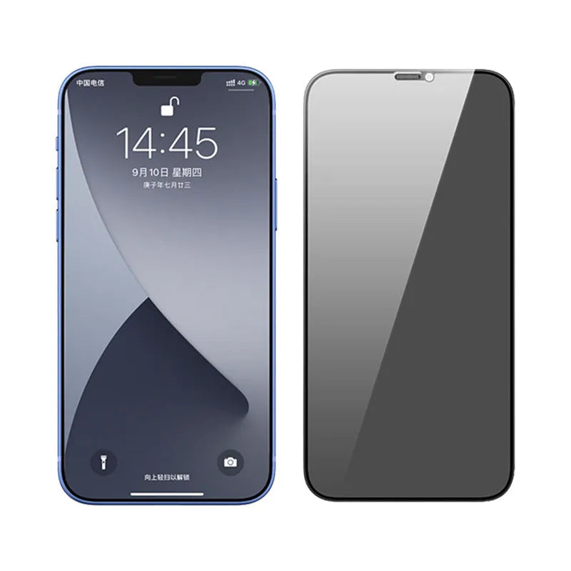 iPhone privacy tempered glass screen protector with anti-peep film on a mobile phone.