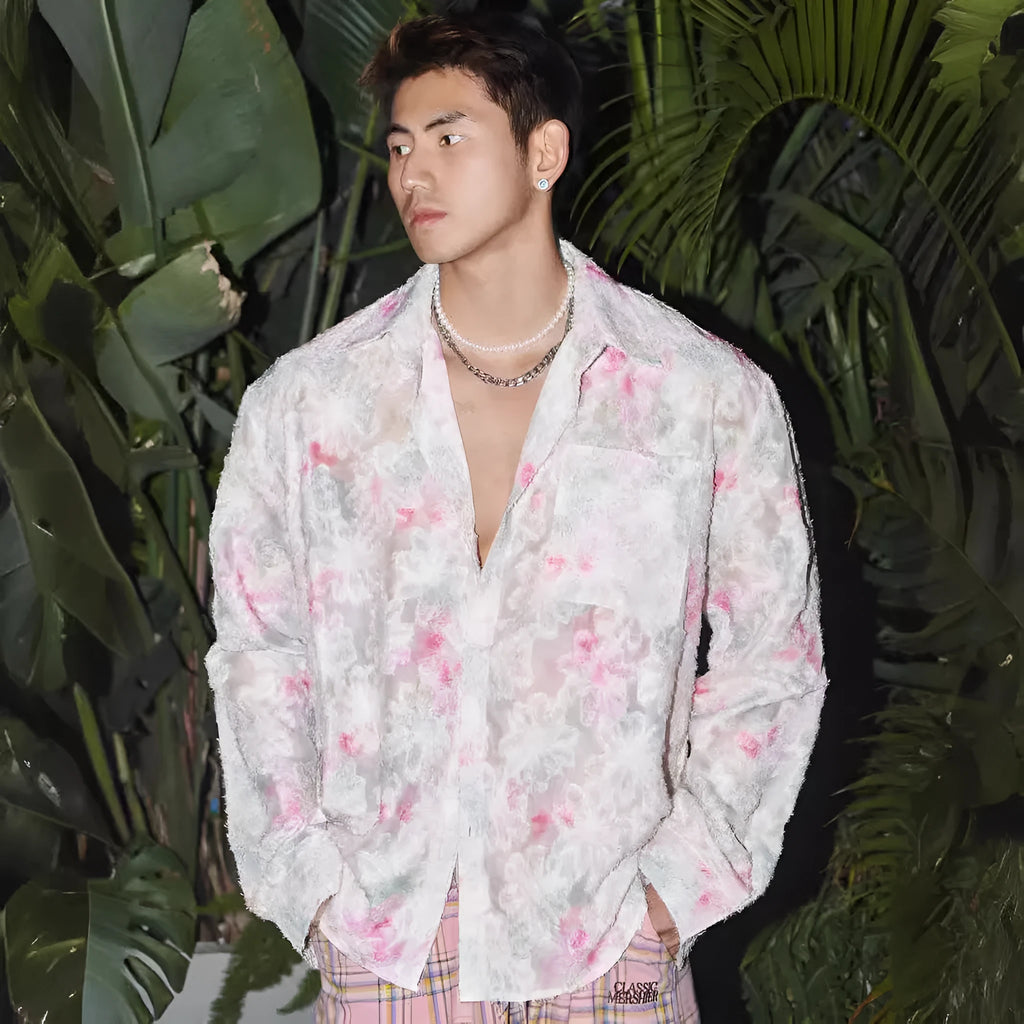 Pink and blue floral long sleeve shirt with embossing texture and loose fit