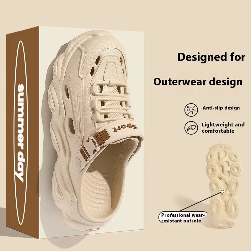 Men's khaki outdoor slippers with hollow out design and light EVA sole on a wooden deck.