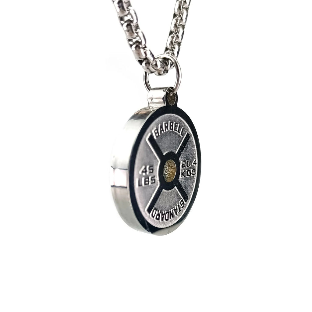 Stainless steel barbell disk necklace with geometric pendant on 60cm chain options