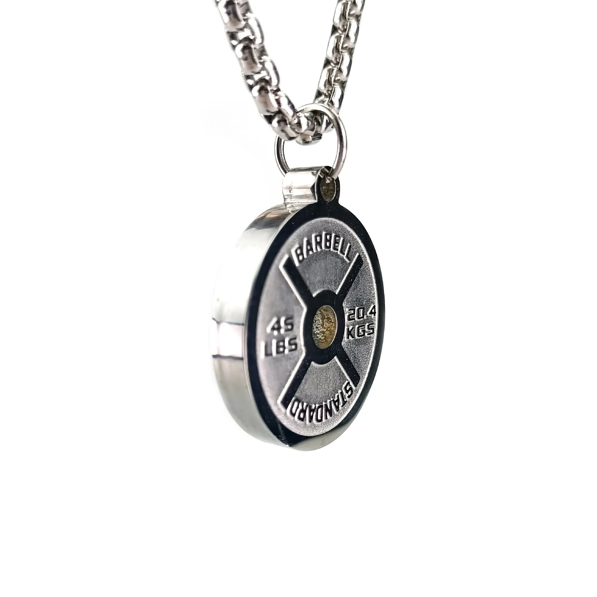Stainless steel barbell disk necklace with geometric pendant on 60cm chain options