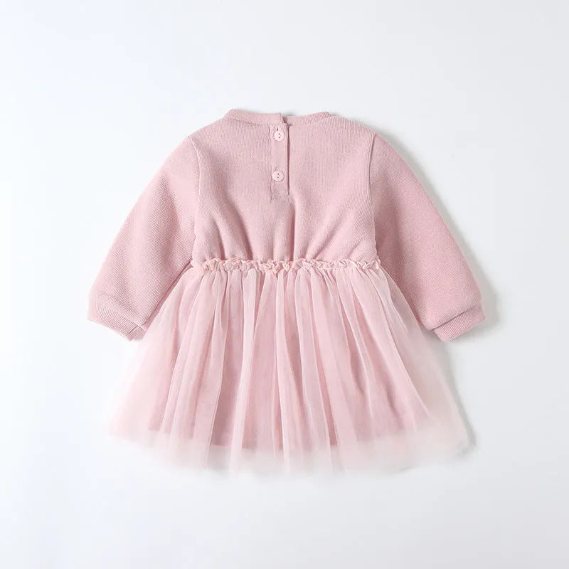 Baby girl pink plus velvet dress with long sleeves and mesh detail