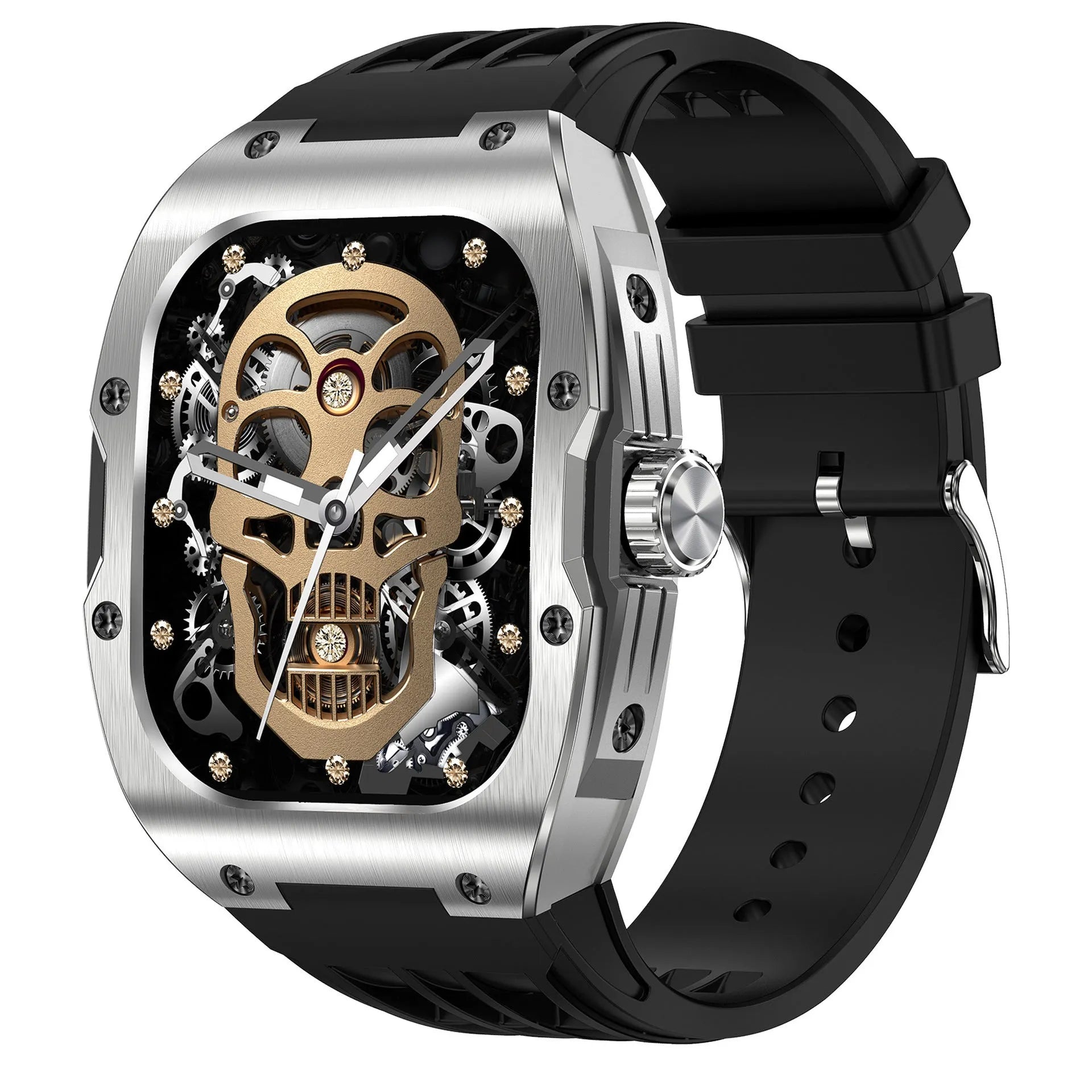 Men's black and blue smart watch with AMOLED screen displayed on a wrist.