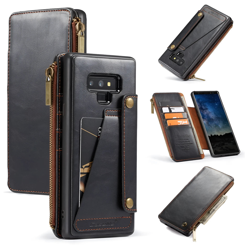 Black leather flip phone case for SAMSUNG Note9 showing front and back coverage