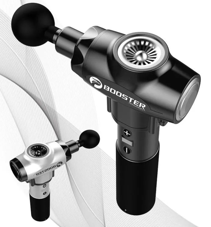 Black and white muscle relaxation massager with adjustable speed settings