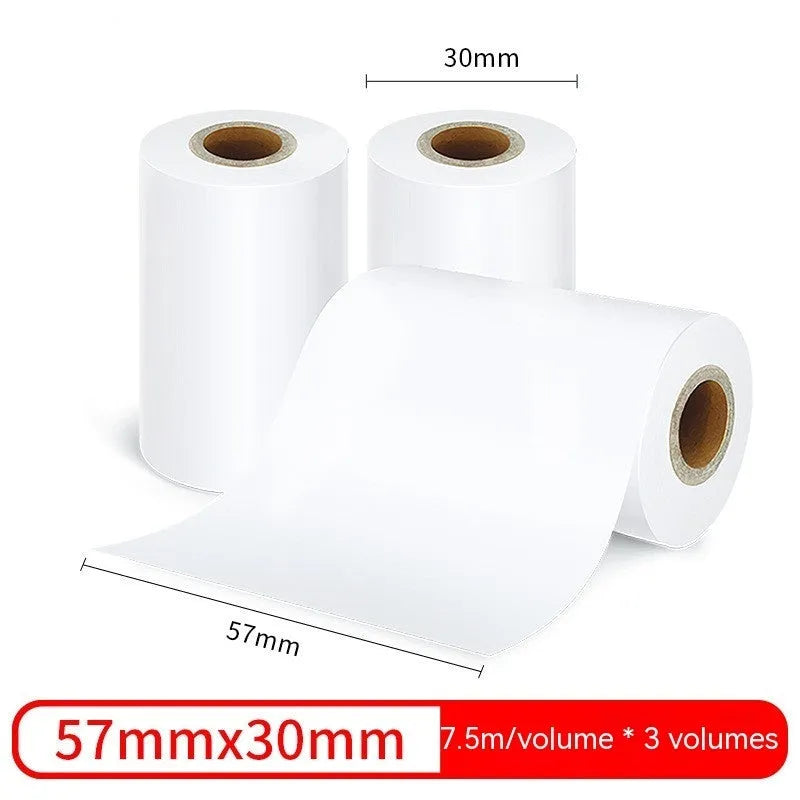 Three rolls of 57x30mm thermal paper for portable printers in packaging box