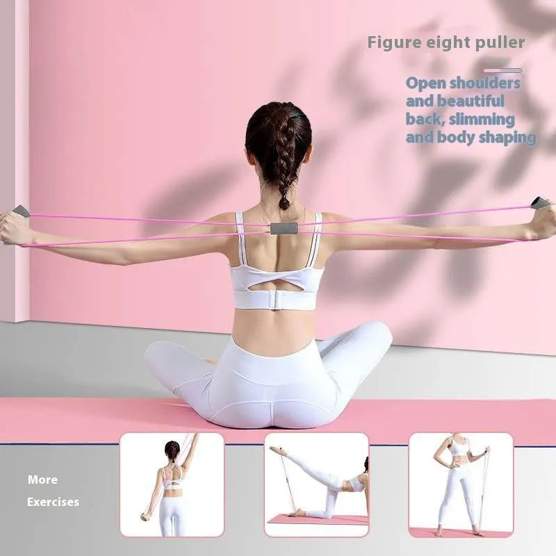 Yoga four piece fitness set showing leg stretcher, yoga ring, pedal chest expander, and figure eight tension rope.