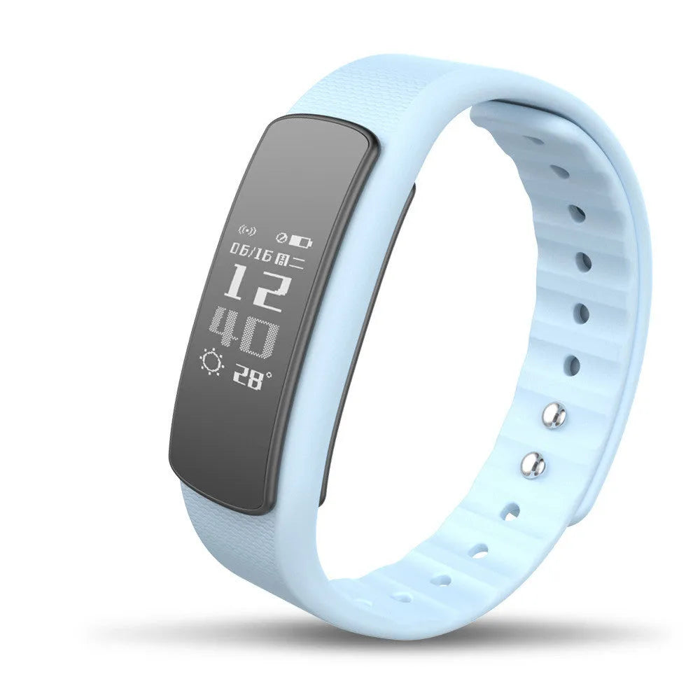 I6 smart sports bracelet with 0.96-inch touch screen on wrist showing fitness metrics