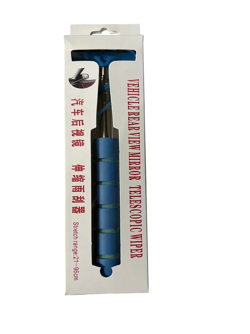 Retractable stainless steel car mirror wiper extended to show 100cm length and rubber blade.