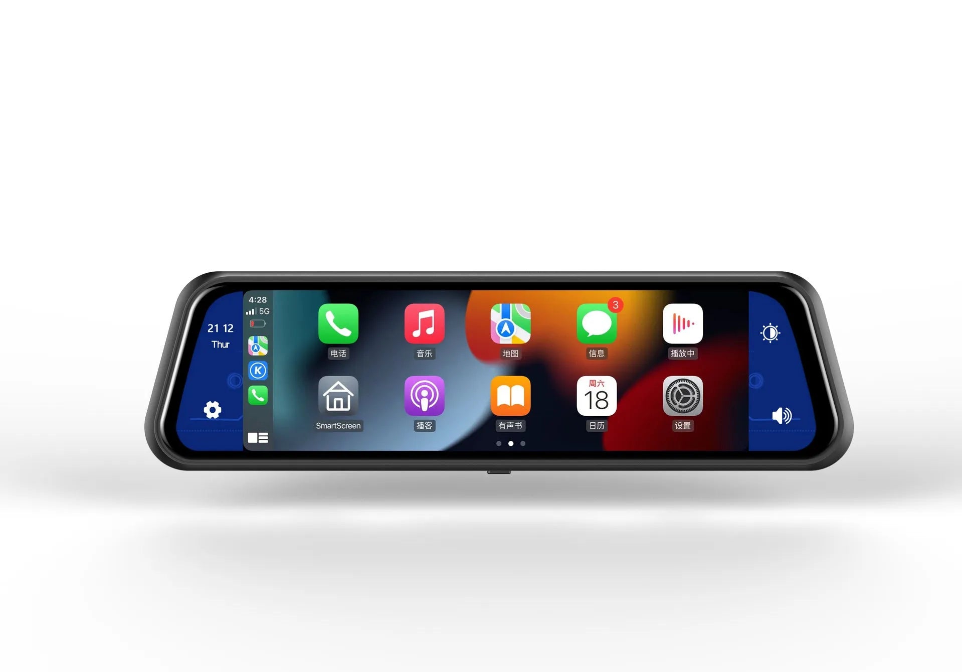 Black dual-lens car dash cam with a large touchscreen mounted on a rearview mirror