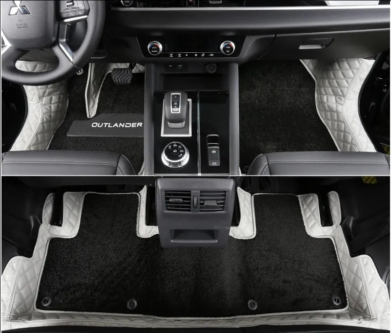 Mitsubishi Outlander full coverage floor mats in black, single and double layer with wire ring designs.