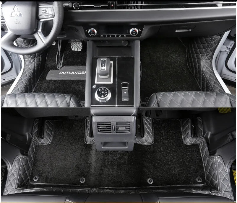 Mitsubishi Outlander full coverage floor mats in black, single and double layer with wire ring designs.