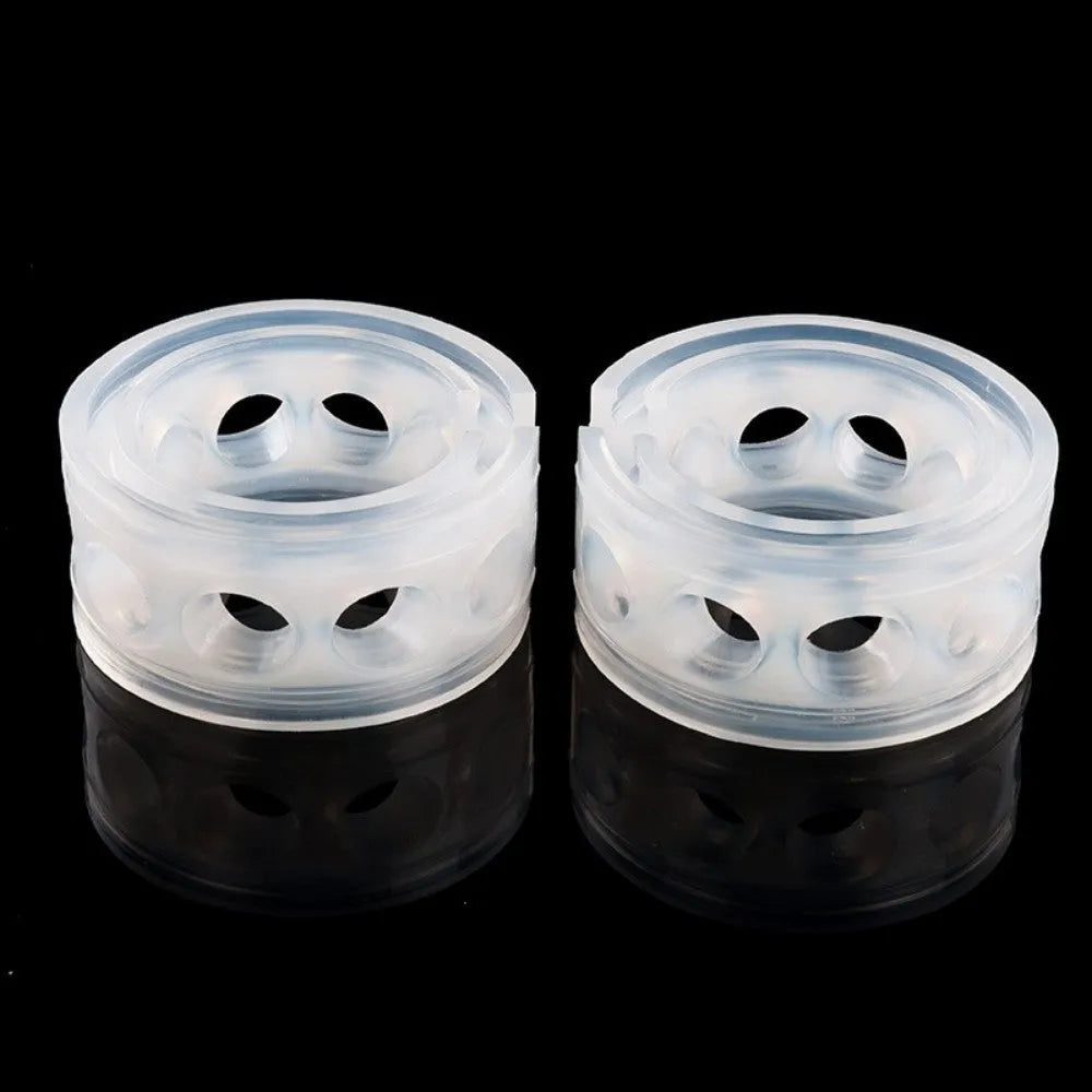 Transparent rubber shock absorber for car spring, showing six size options A through F with dimensions.