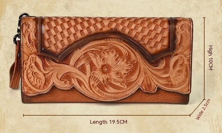 Chinese-style floral embossed women's leather wallet showing tri-fold design in retro brown colour