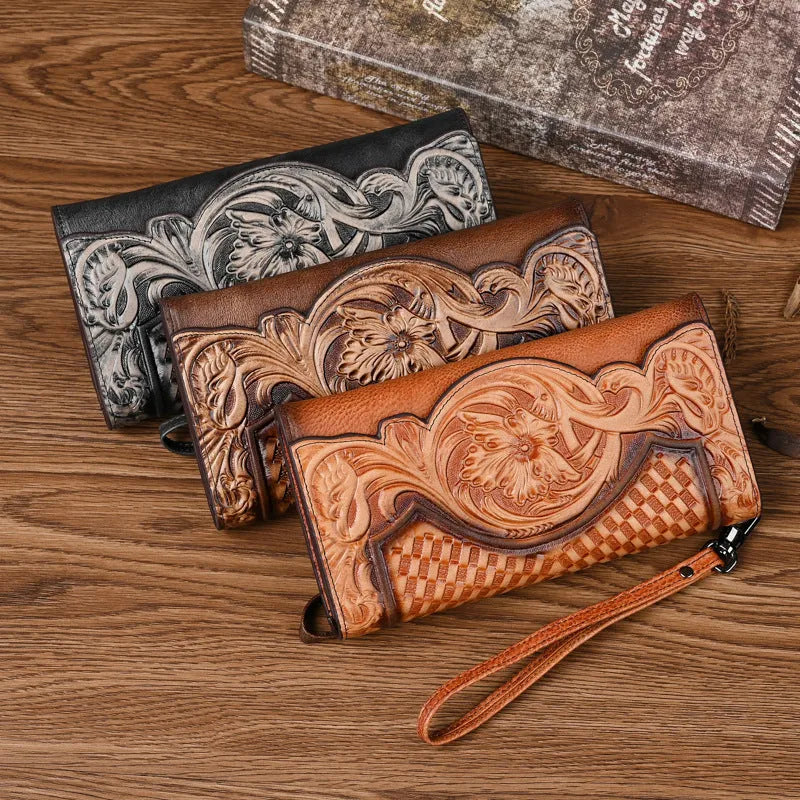 Chinese-style floral embossed women's leather wallet showing tri-fold design in retro brown colour