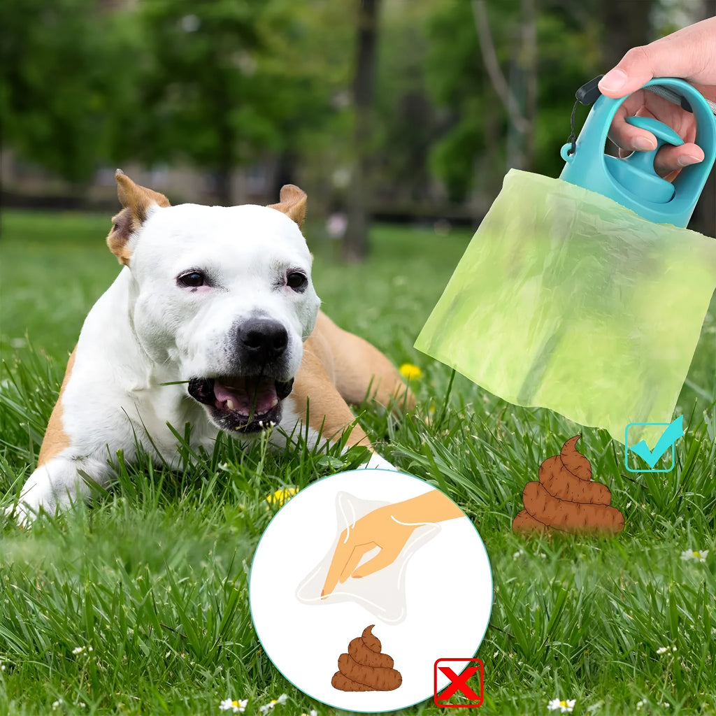 Blue portable dog poop scooper with built-in bag dispenser, clipped to a dog leash