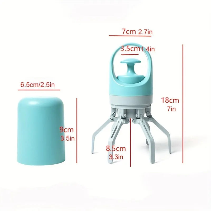 Blue portable dog poop scooper with built-in bag dispenser, clipped to a dog leash