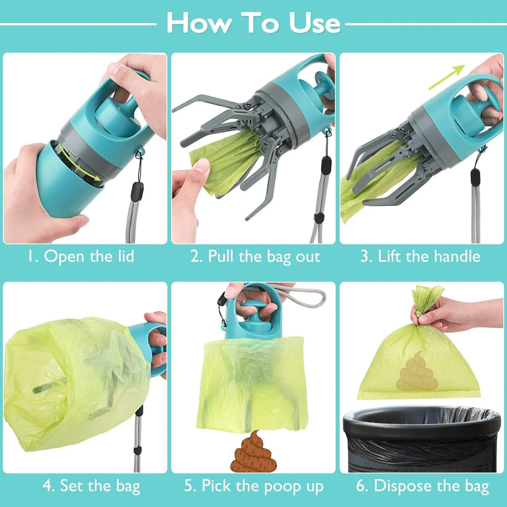 Blue portable dog poop scooper with built-in bag dispenser, clipped to a dog leash