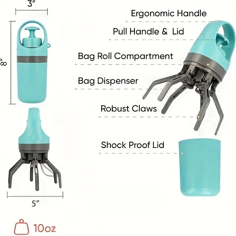 Blue portable dog poop scooper with built-in bag dispenser, clipped to a dog leash