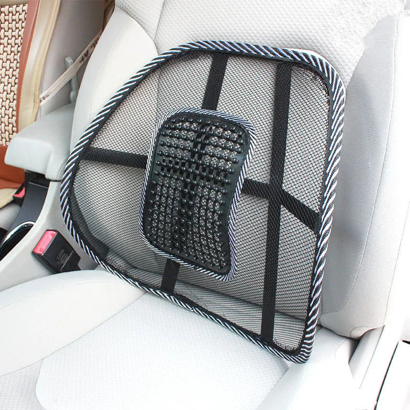 Black leather-textured lumbar support pillow for car seats measuring 41x39 cm