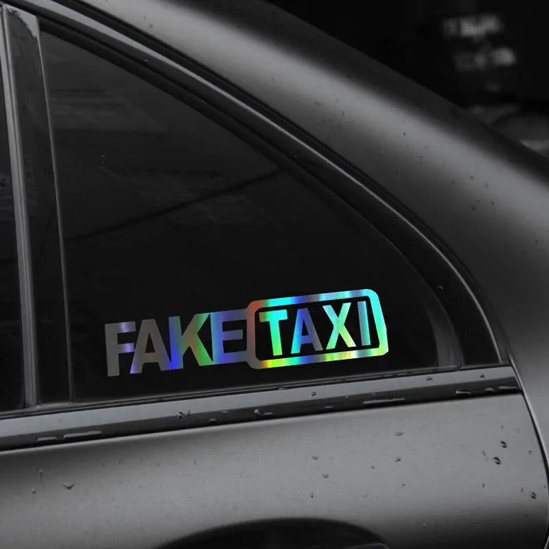 Waterproof PET Fake Taxi car window sticker measuring 20 by 8 cm in black text version.