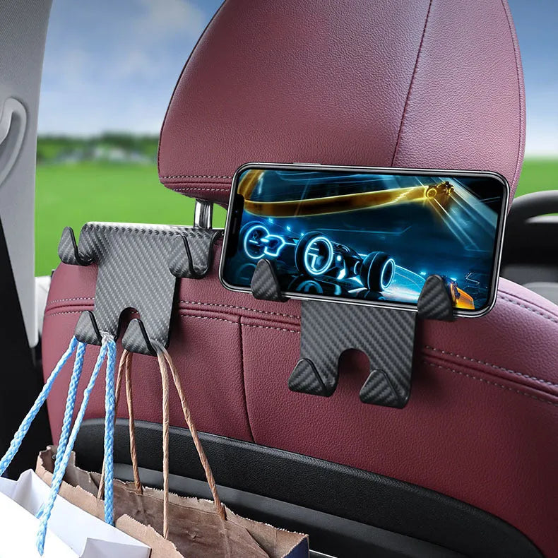 Black ABS plastic car multifunction hook and mobile phone holder bracket for rear seat storage.