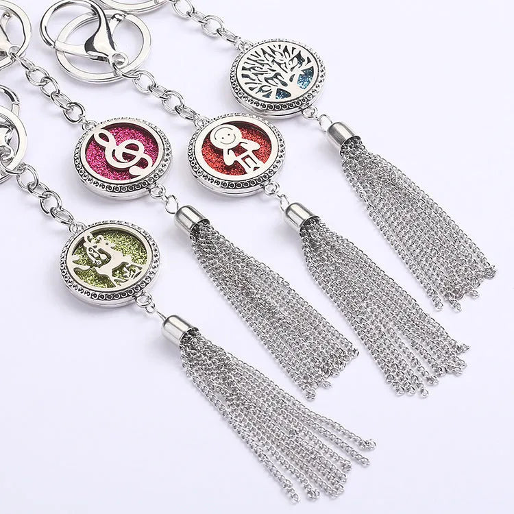 Alloy tassel aromatherapy car pendant with chain and essential oil diffuser compartment in multiple colour options