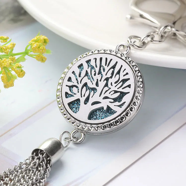 Alloy tassel aromatherapy car pendant with chain and essential oil diffuser compartment in multiple colour options