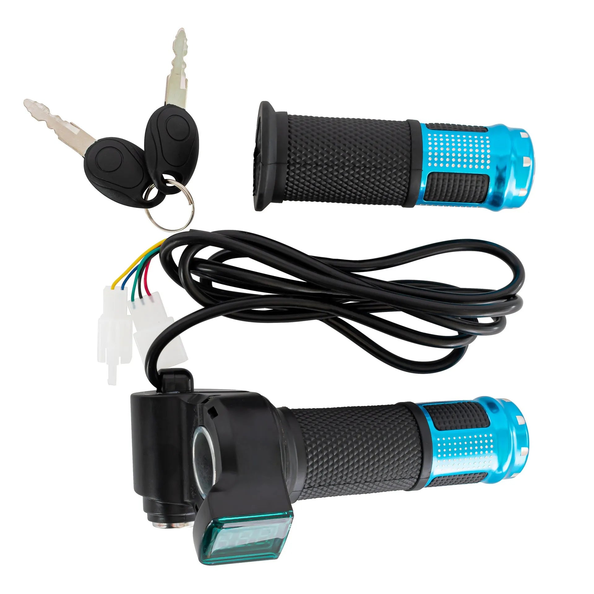 Electric vehicle handlebar grip replacement in blue, red, silver, or yellow colours with 5-core wiring connector