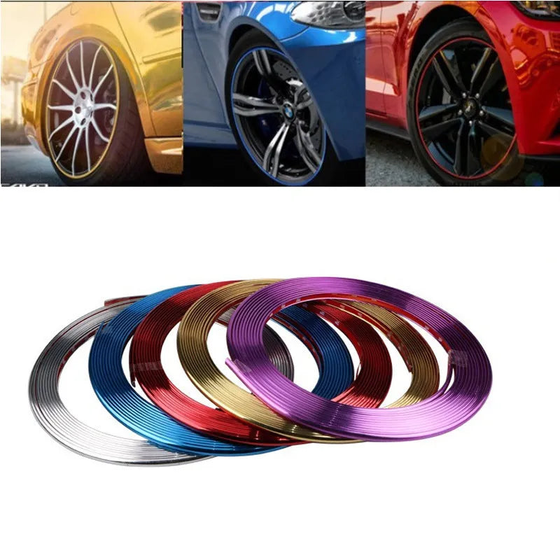 Electroplated purple PVC wheel protection trim strip on car alloy wheel