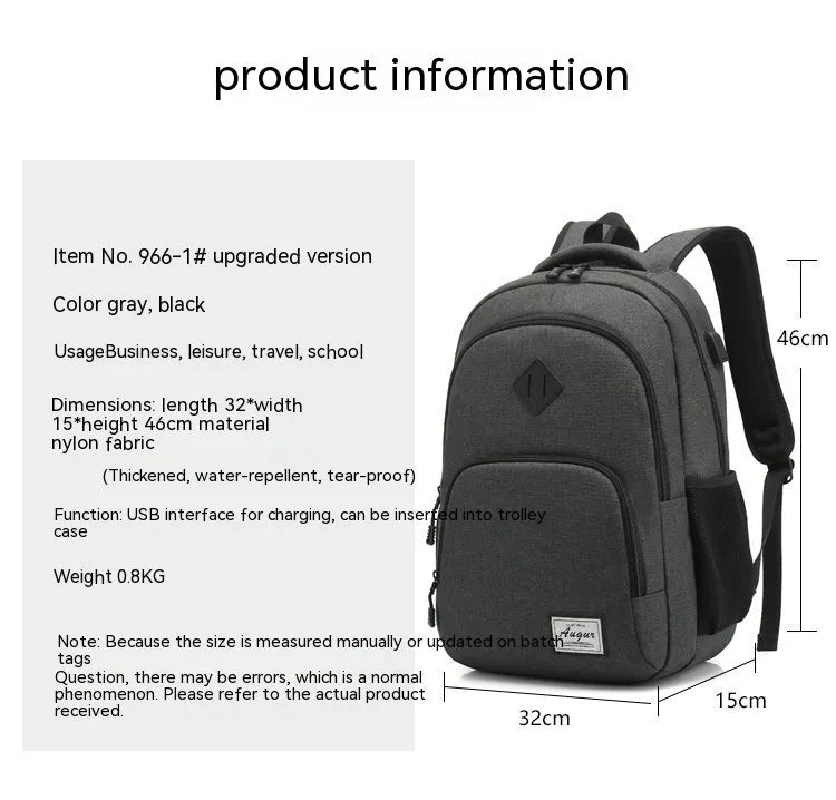 Grey and black USB charging backpack with trolley sleeve, shown with dimensions 32cm by 15cm by 46cm.