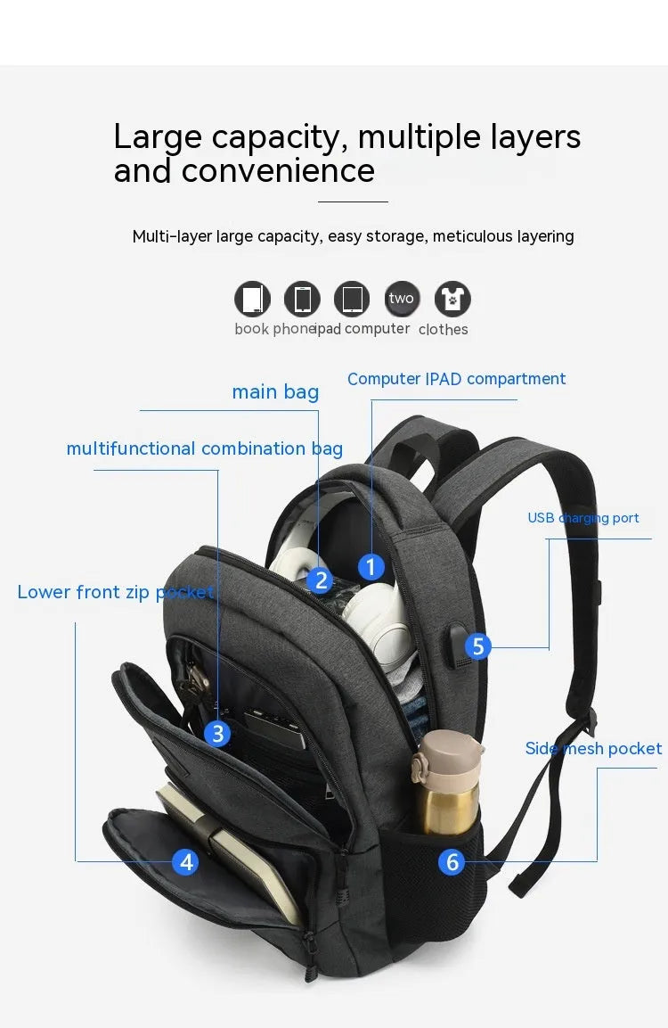 Grey and black USB charging backpack with trolley sleeve, shown with dimensions 32cm by 15cm by 46cm.