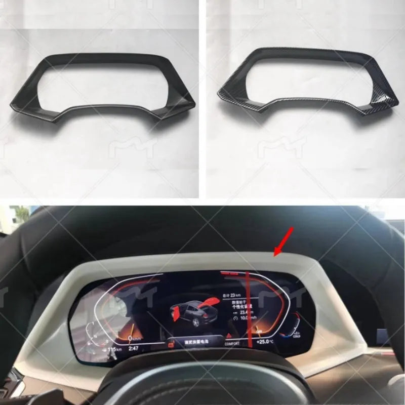 ABS plastic decorative dashboard frame for a BMW X5L in Carbon Fibre and Peach Wood finishes