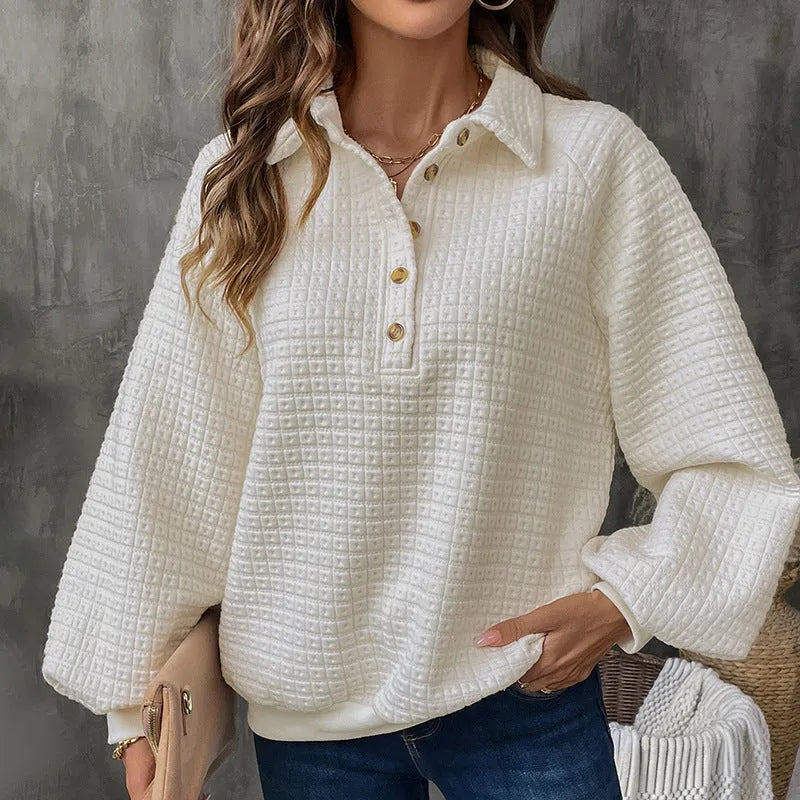 Women's milky white polo collar textured sweater on a hanger