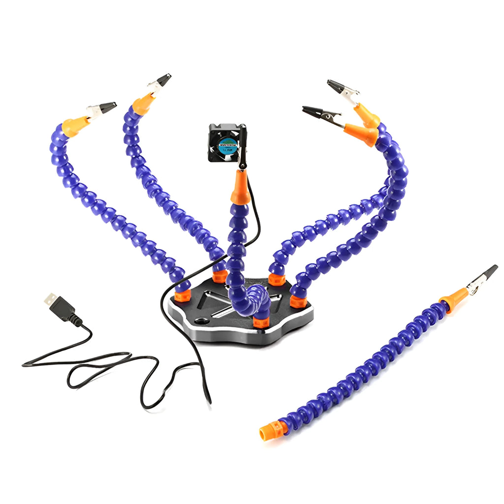 Black or purple aluminium alloy six-jaw model welding station with multiple bendable arms on a non-slip base.