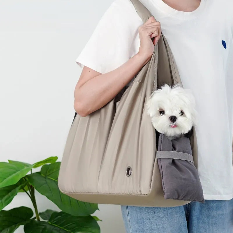 Apricot cloth pet carrier bag measuring 41cm length 16cm width 28cm height