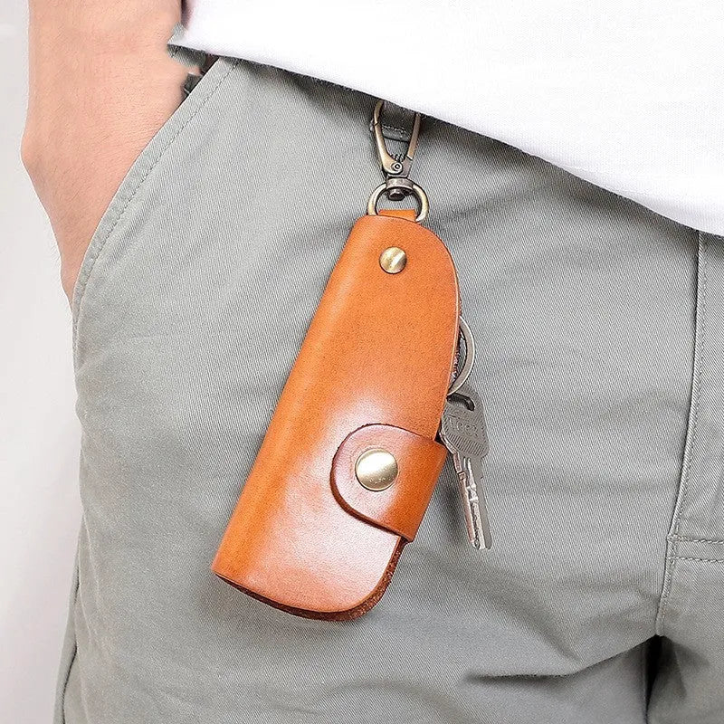 Genuine leather handmade key storage bag in short length style for car keys