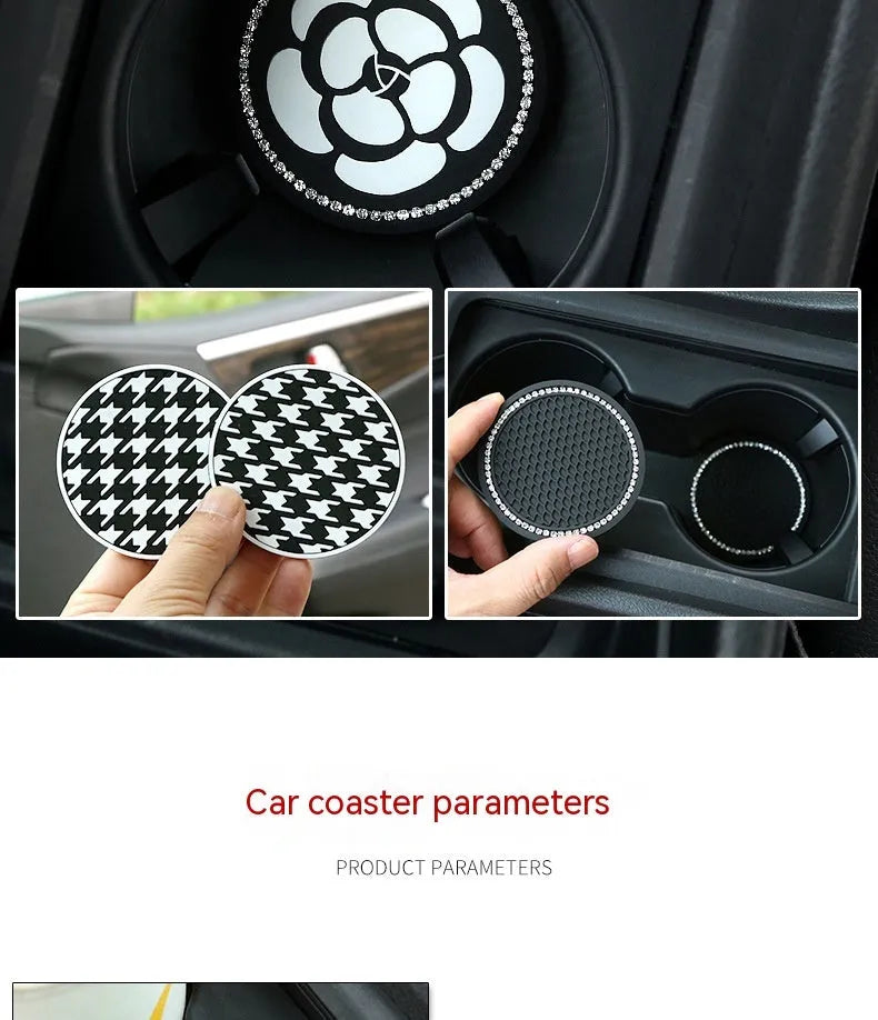 Plastic car cup mat coaster with universal fit and non-slip PVC base in four pattern designs