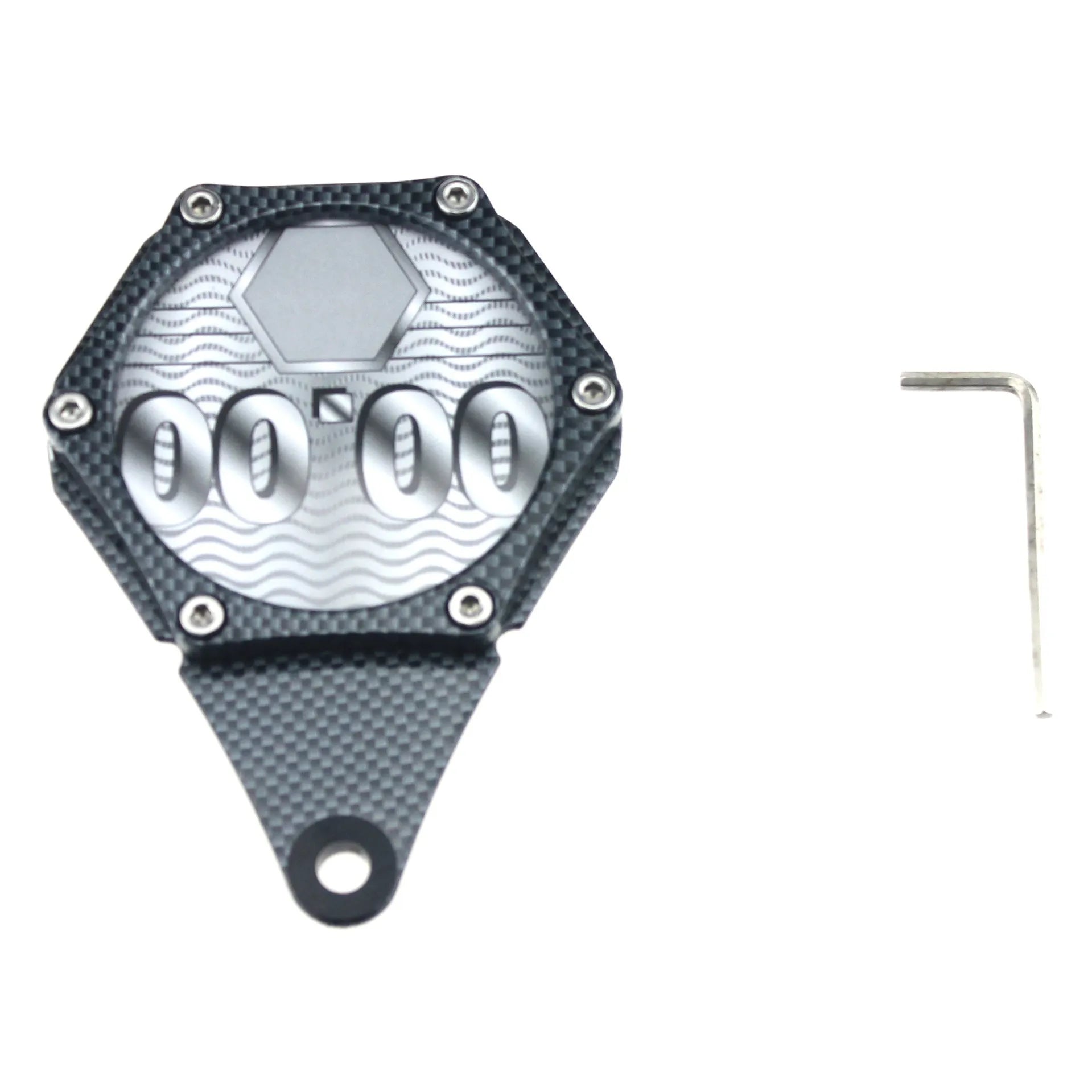 Black carbon fibre pattern motorcycle fuel cap seal with anti-theft hex screw