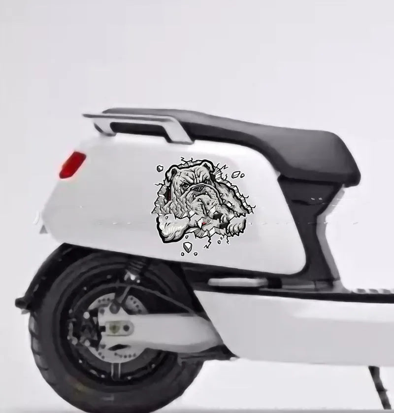 Grey dog pattern motorcycle bumper sticker measuring 17x17cm with custom sizing option