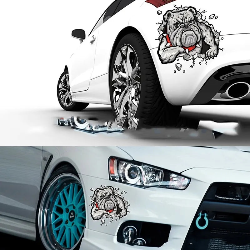 Grey dog pattern motorcycle bumper sticker measuring 17x17cm with custom sizing option