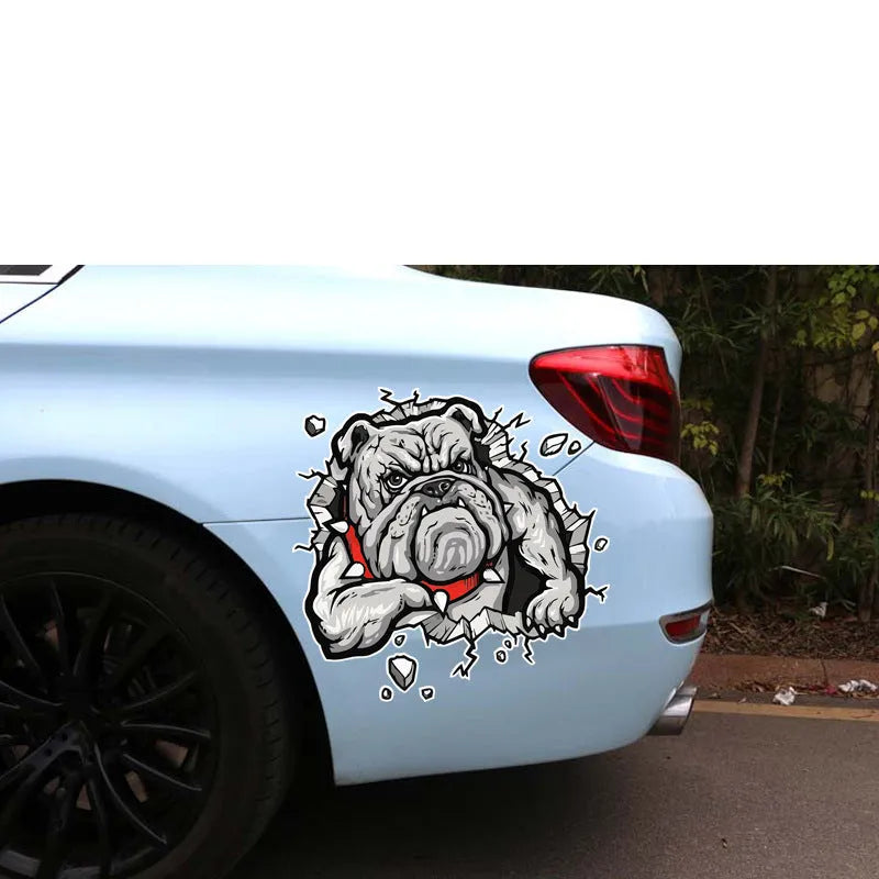 Grey dog pattern motorcycle bumper sticker measuring 17x17cm with custom sizing option