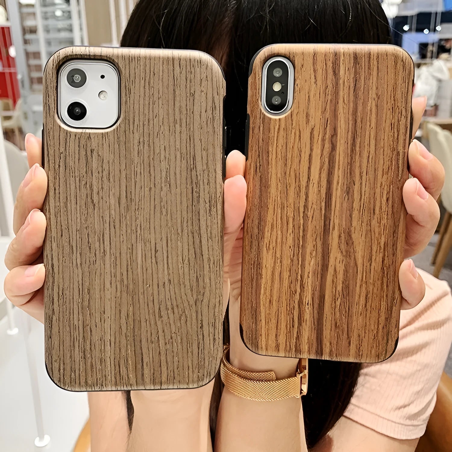 Wooden iPhone case showing natural bamboo grain texture on slim back cover design