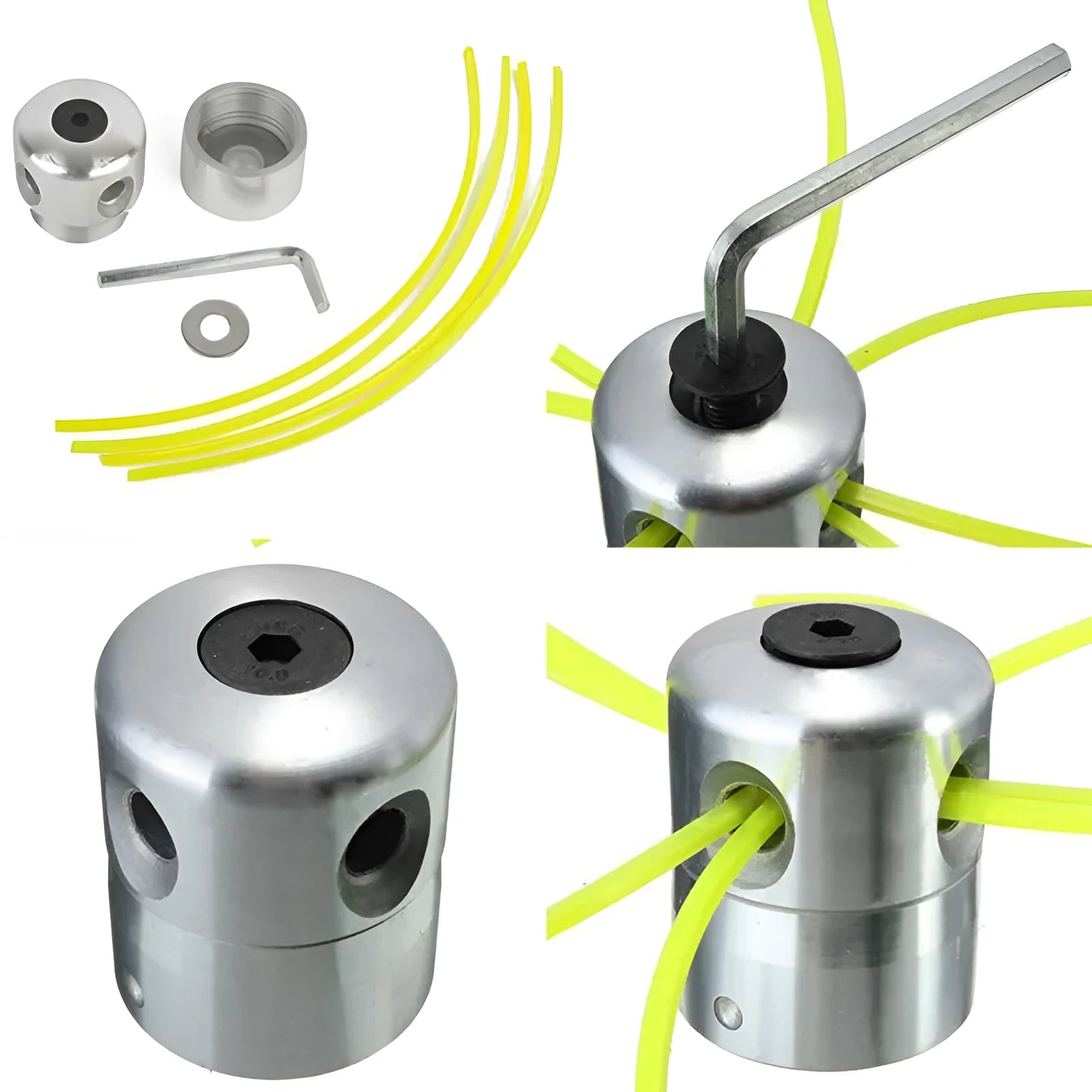 Silver Luzhu aluminium lawn mower grass head accessory with four light yellow trimmer lines and a wrench